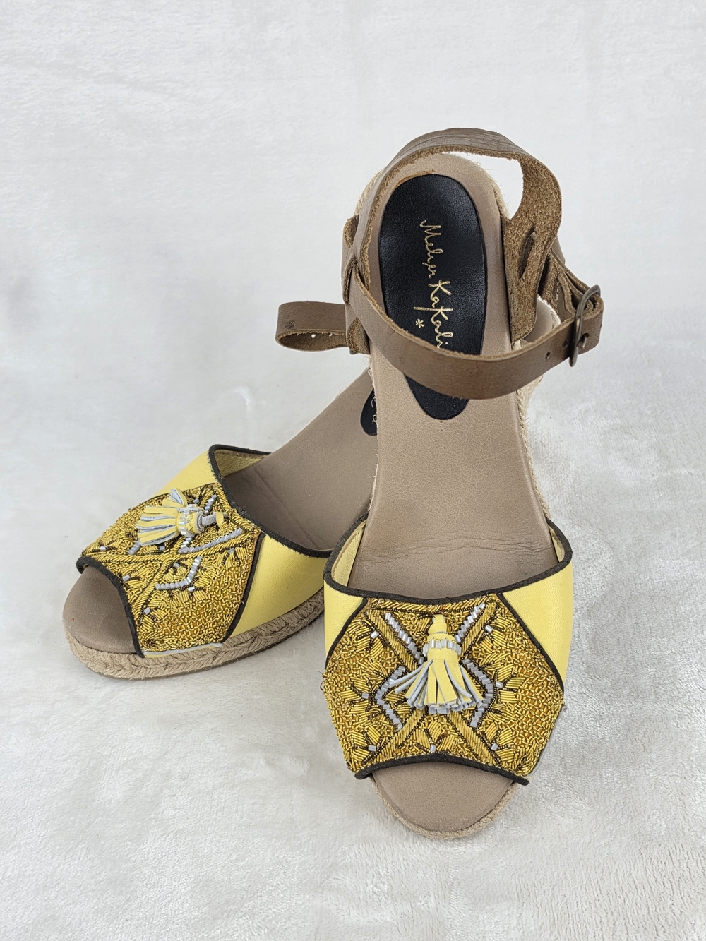 Meher Kakalia Espadrille Wedges Womens 41 Yellow Embroidered Spain Sandals